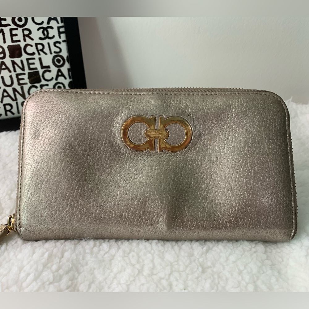 SOLD!!!Salvatore Ferragamo metallic gold zip around long wallet